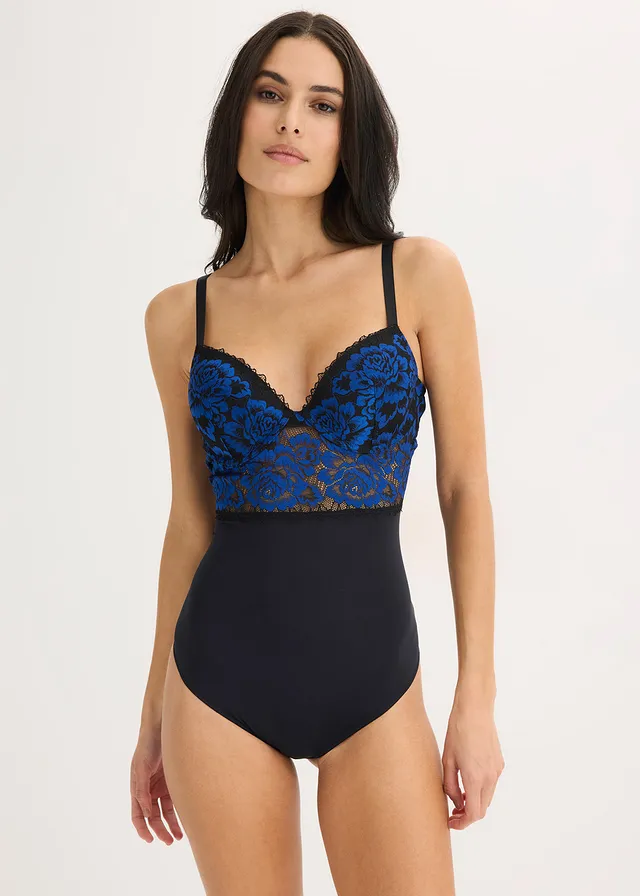 Stringbody van kant, Kleur: zwart-nachtblauw