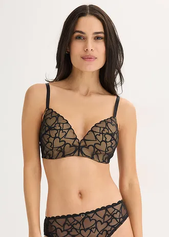 Sutien vătuit fără armătură, cu dantelă cu inimioare • negru/maro deschis • magazin bonprix