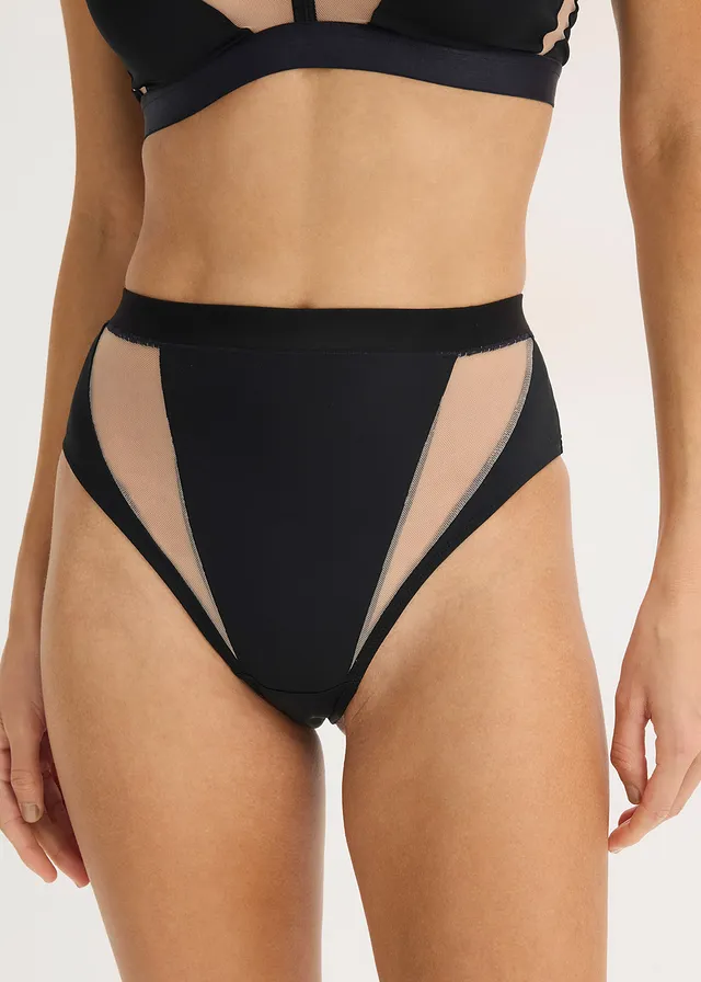 String taille haute à empiècement transparents, Couleur: noir