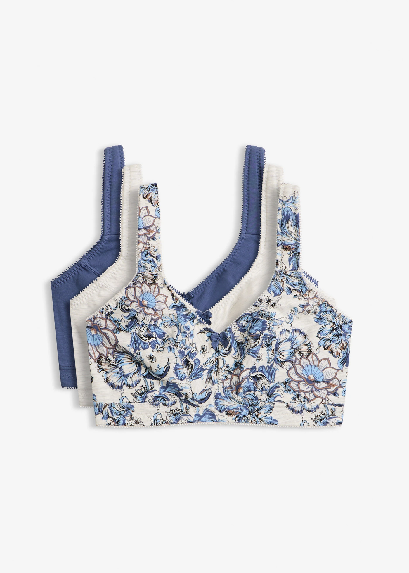 Sutien fără armătură cu bumbac organic (set/3 buc.) • bej natur melanj cu imprimeu + albastru blugi + bej natur melanj • magazin bonprix