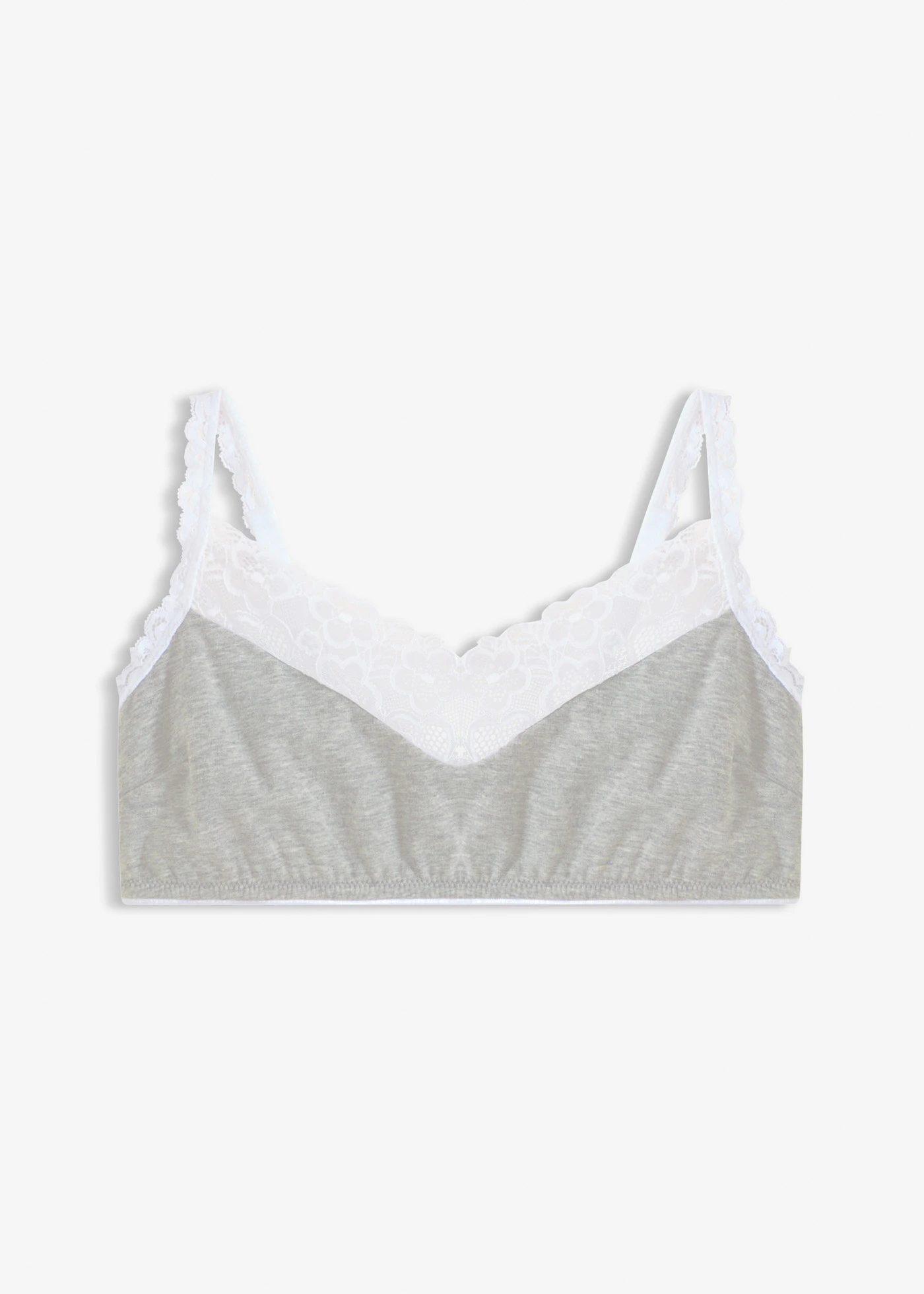 Bralette melltartó merevítő nélkül, pamuttal és csipkével • világosszürke melírozott/fehér • bonprix áruház