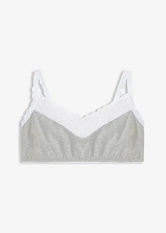 Bralette zonder beugels, met katoen en kant, Kleur: lichtgrijs gemêleerd-wit
