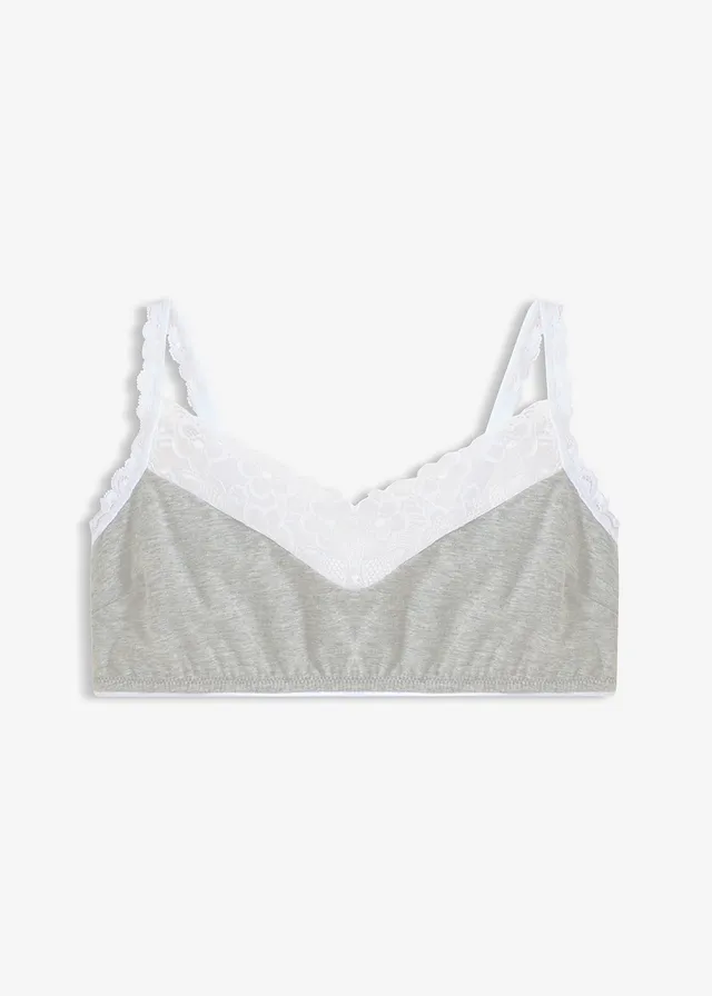 Bralette melltartó merevítő nélkül, pamuttal és csipkével • világosszürke melírozott/fehér • bonprix áruház