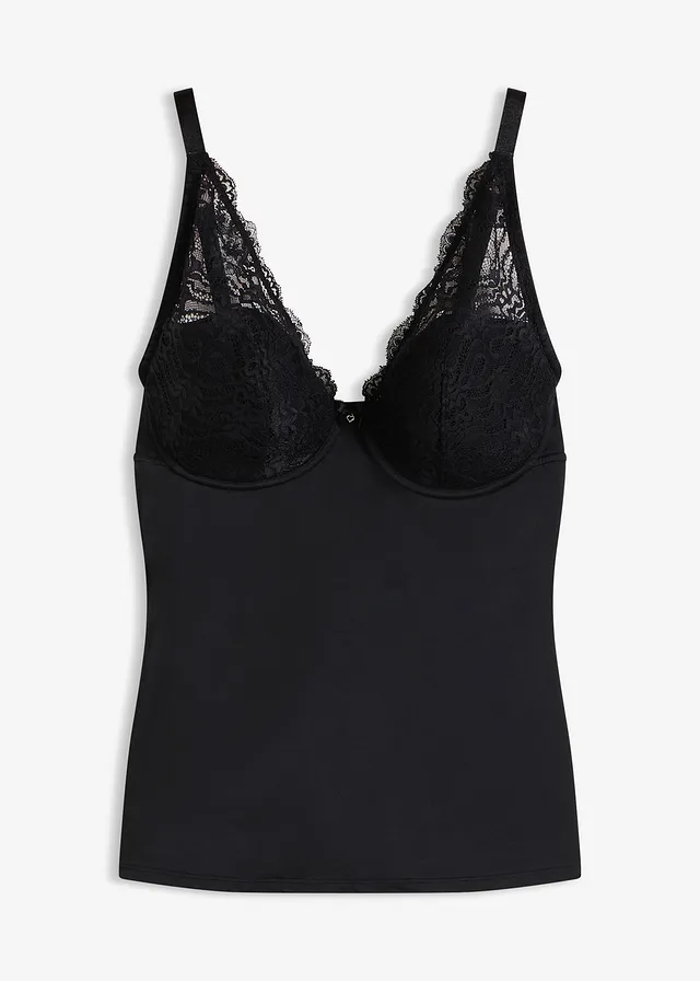Top soutien-gorge sculptant à coques et dentelle, maintien modéré, Couleur: noir