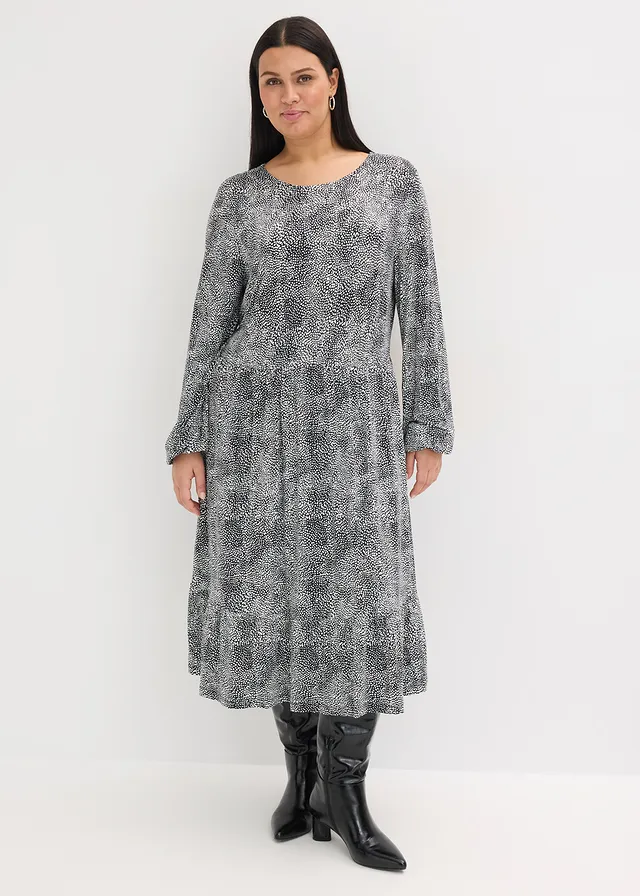 Robe midi en jersey viscose extensible, Couleur: noir / blanc