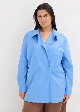 Lange blouse met V-hals, Kleur: middenblauw