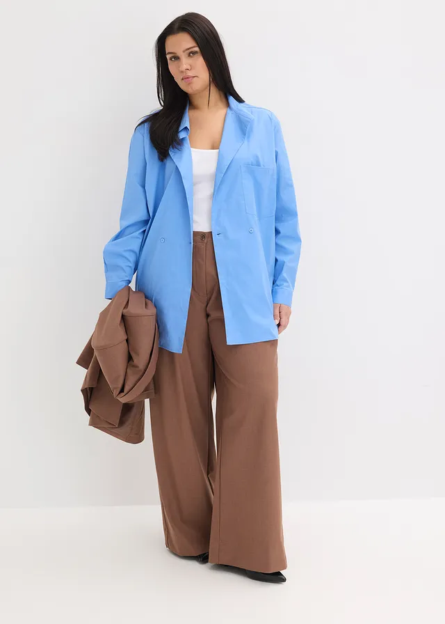 Lange blouse met V-hals, Kleur: middenblauw