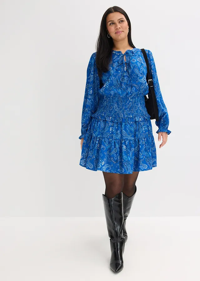 Mini jurk van gestructureerde crêpe, Kleur: arctisch blauw paisley