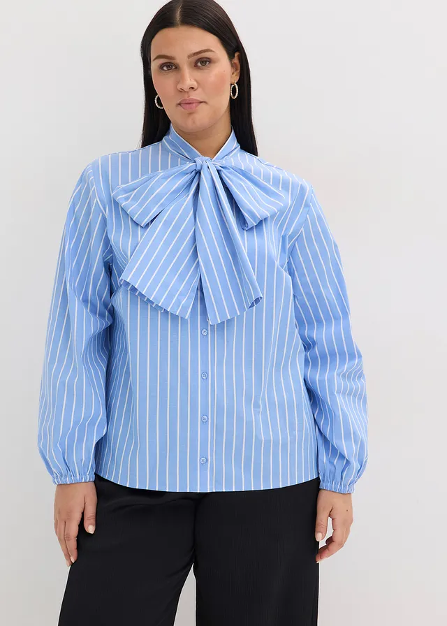 Chemisier à col lavallière, Couleur: bleu moyen/blanc rayé