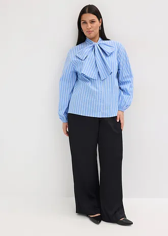 Blouse met sjaalkraag, Kleur: middenblauw-wit gestreept