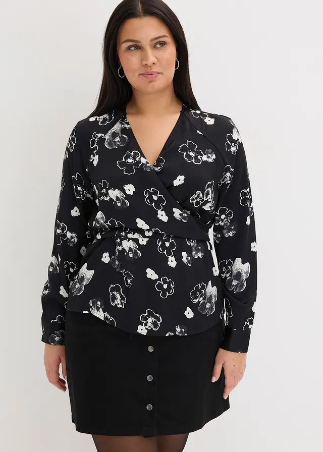 Blouse en satin fluide, Couleur: noir floral