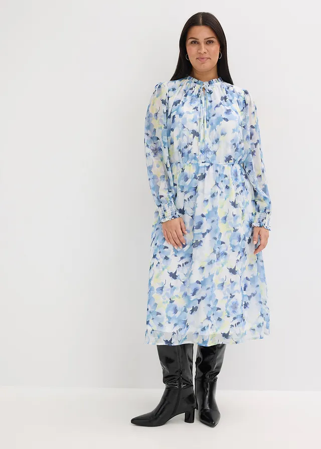 Chiffon jurk, Kleur: blauw gebloemd