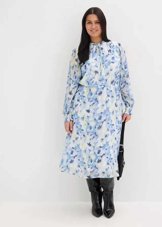 Chiffon jurk, Kleur: blauw gebloemd