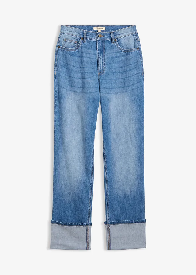 Jean large et droit, taille haute, Couleur: bleu moyen denim used
