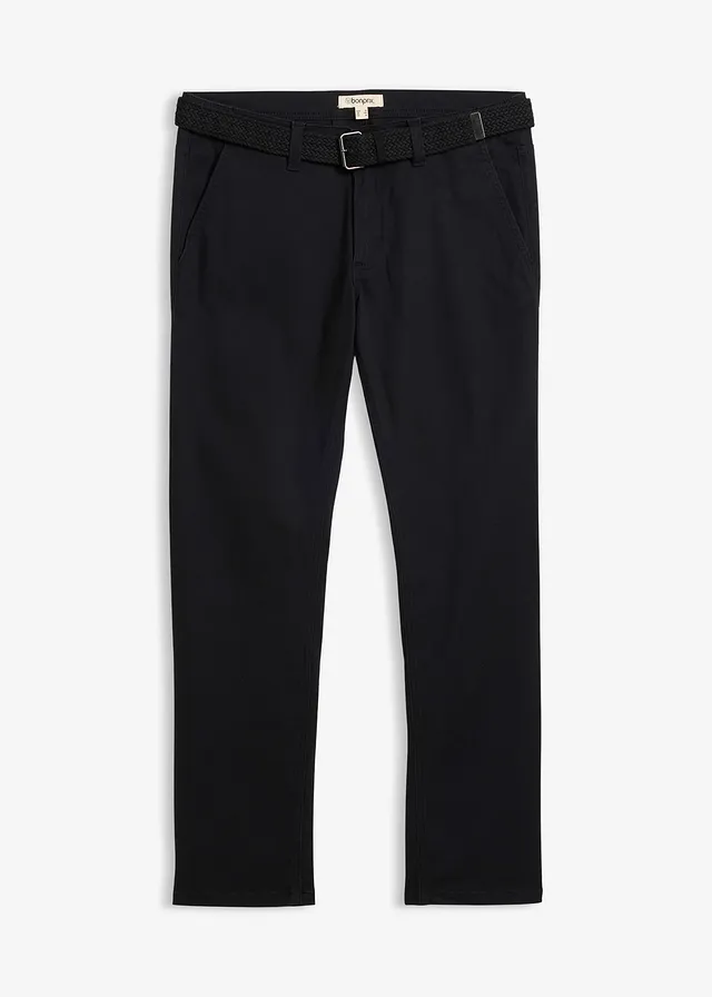 Regular fit chino met comfortband en riem, straight, Kleur: zwart
