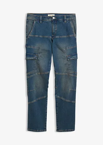 Jean droit extensible, poches cargo, regular, Couleur: bleu denim-beige foncé used