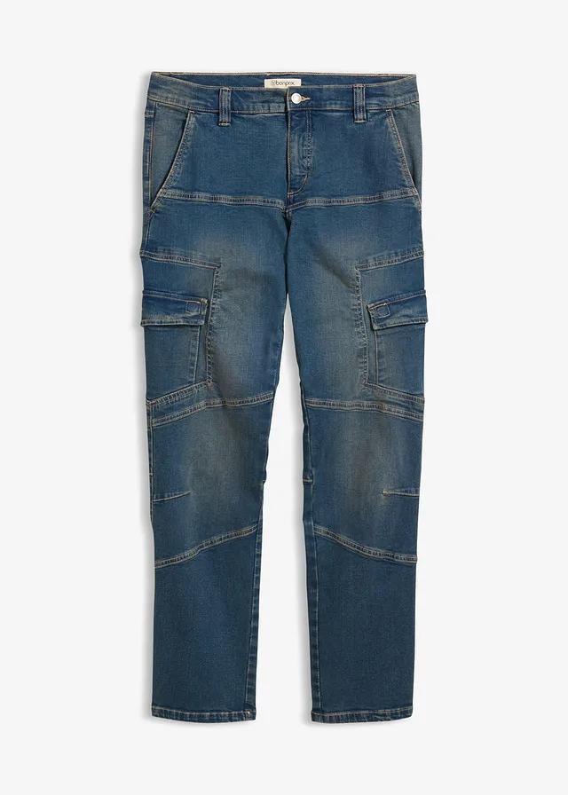 Jean droit extensible, poches cargo, regular, Couleur: bleu denim-beige foncé used