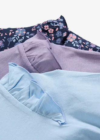 Lot de 3 T-shirts manches longues 100% coton • bleu foncé + violine fumé + bleu clair floral • Boutique bonprix