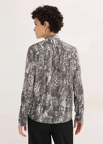 Chiffon blouse met volants, Kleur: zwart-parelwit slangenprint