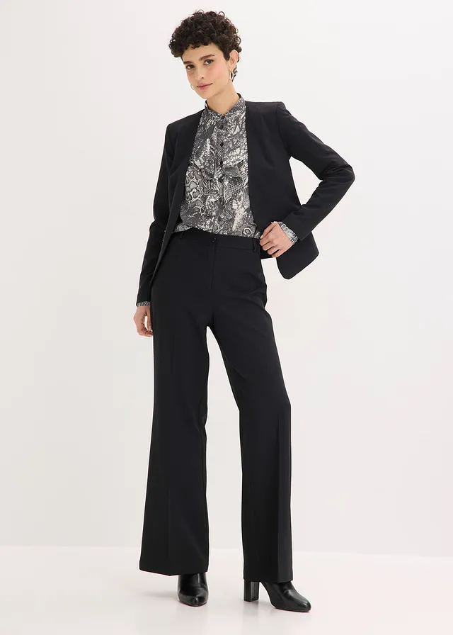 Chiffon blouse met volants, Kleur: zwart-parelwit slangenprint