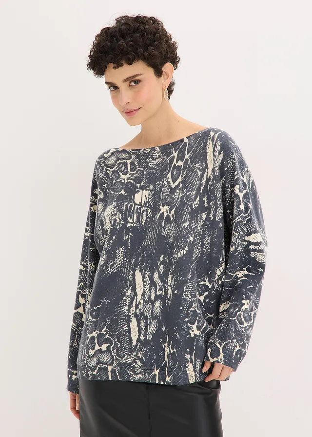 Trui met vleermuismouwen met slangenprint, Kleur: leisteengrijs-parelwit slangenprint