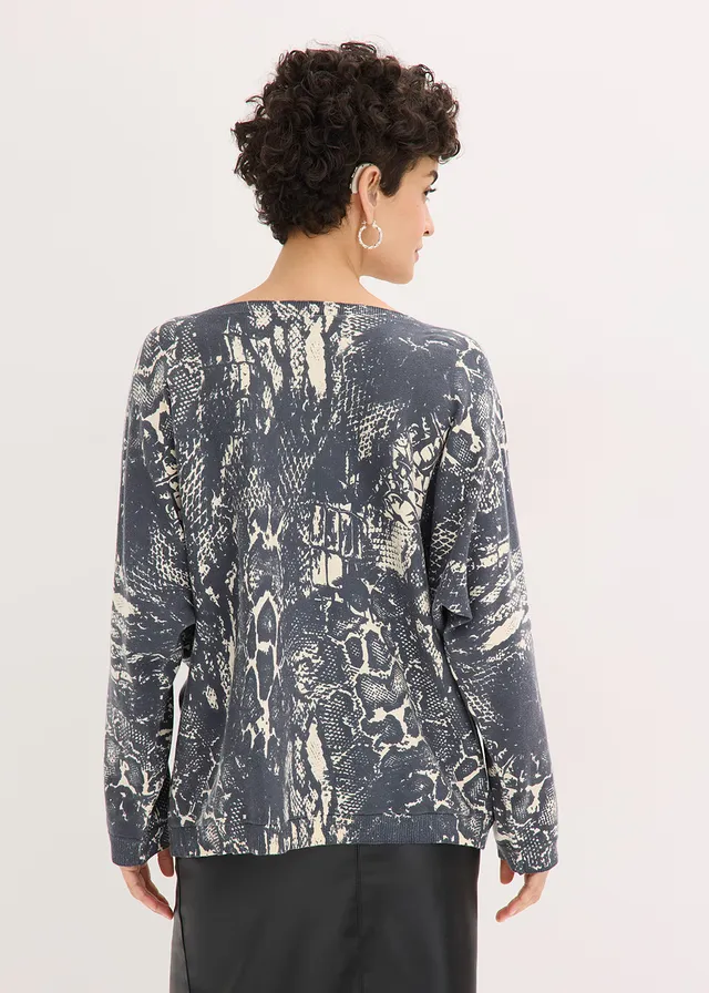 Trui met vleermuismouwen met slangenprint, Kleur: leisteengrijs-parelwit slangenprint