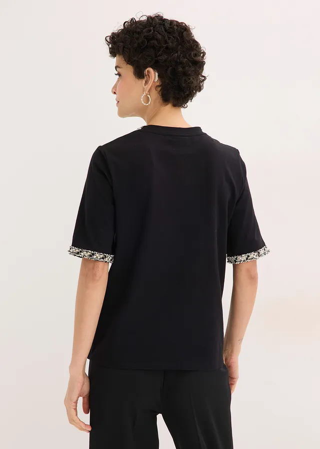 Shirt van biologisch katoen met applicatiezoom, Kleur: zwart gedessineerd