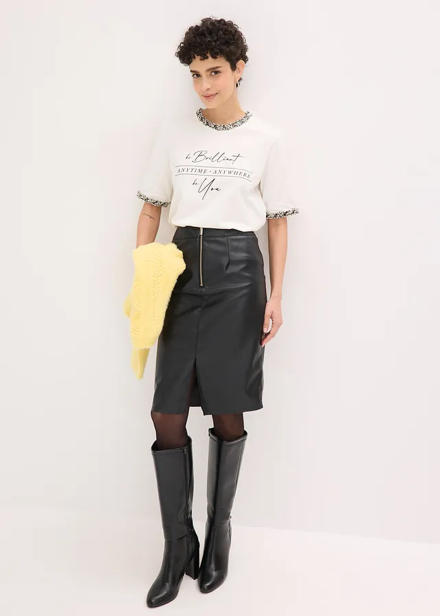 T-shirt en coton avec liseré perlé, Couleur: écru imprimé