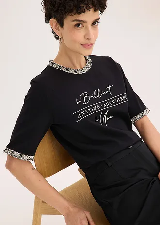 T-shirt en coton avec liseré perlé • noir imprimé • Boutique bonprix