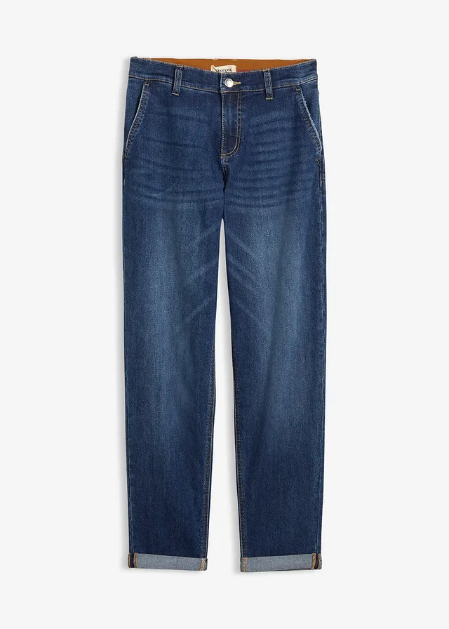 Boyfriend jeans, mid waist, elastische band, Kleur: donkerblauw denim used