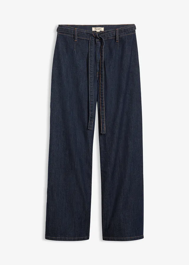 Jean large taille haute, cropped, Couleur: bleu foncé denim brut