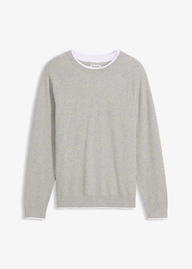 Fijn gebreide trui met dubbele kraag • lichtgrijs gemêleerd • bonprix online shop