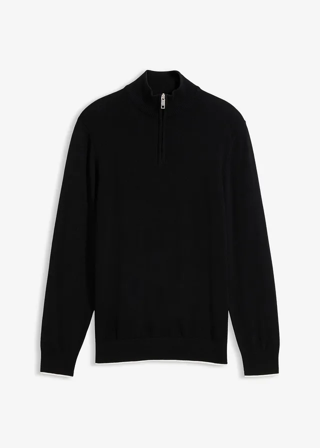 Elegantní svetr s límečkem na zip, s bavlnou • černá • bonprix obchod