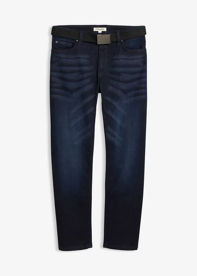 Jean extensible regular avec ceinture, droit, Couleur: bleu foncé denim