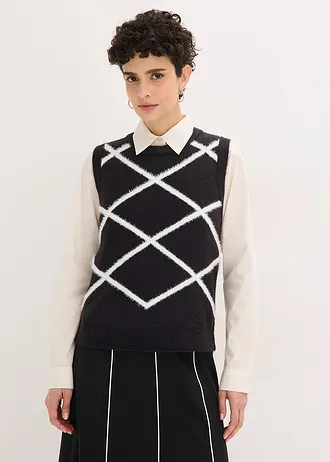 Spencer met veergaren, Kleur: zwart-wolwit grafische print