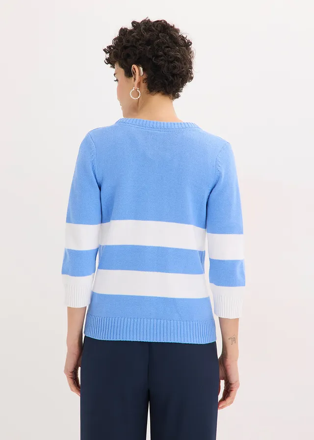 Gebreid vest van katoen, Kleur: middenblauw-wit gestreept