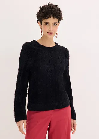 Pull ajouré en maille poilue, Couleur: noir