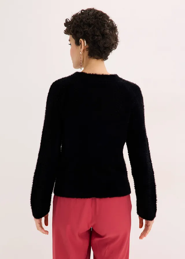 Pull ajouré en maille poilue, Couleur: noir