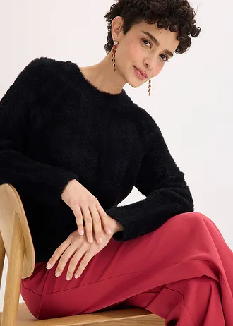 Pulover ajurat cu fir moale și pufos • negru • magazin bonprix