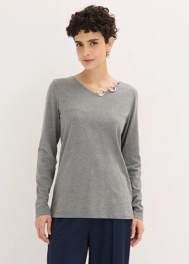 T-shirt manches longues détails œillets, Couleur: gris chiné