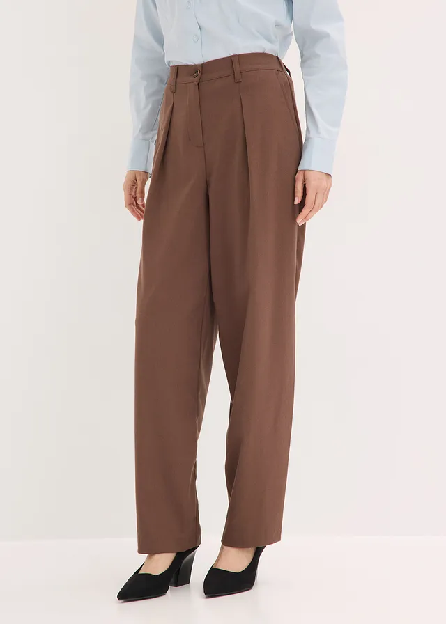 Barrel fit broek met bandplooien, Kleur: bruin
