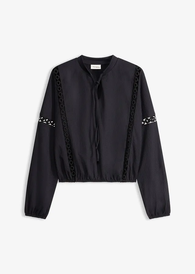 Longsleeve van gestructureerde crêpe • zwart • bonprix online shop