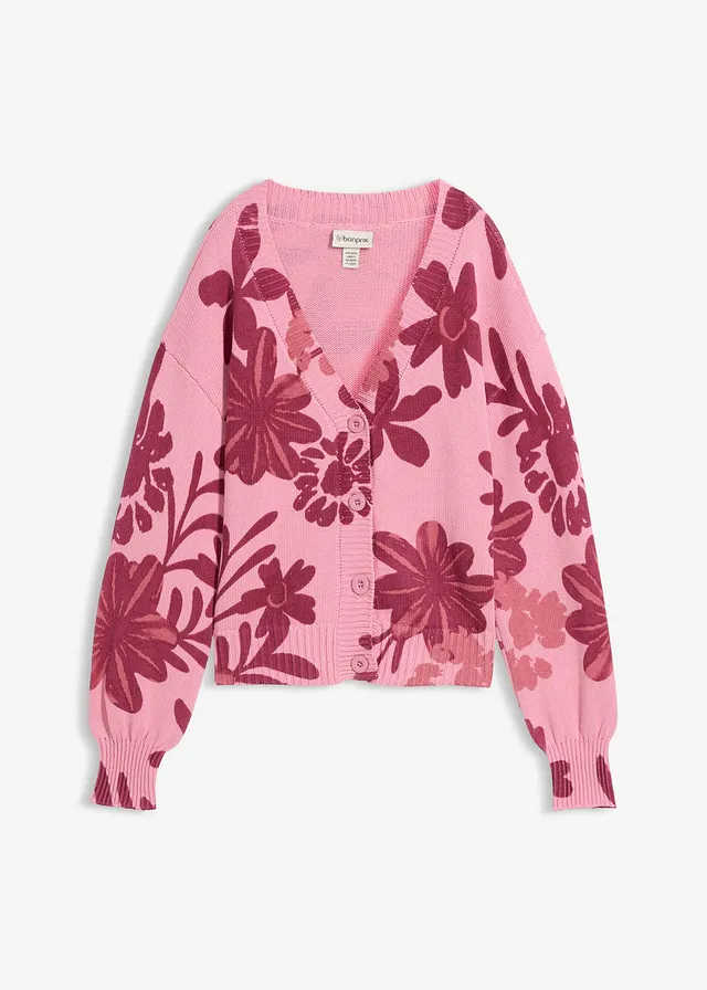 Gebreid vest met bloemenprint, Kleur: rookorchidee-robijnrood