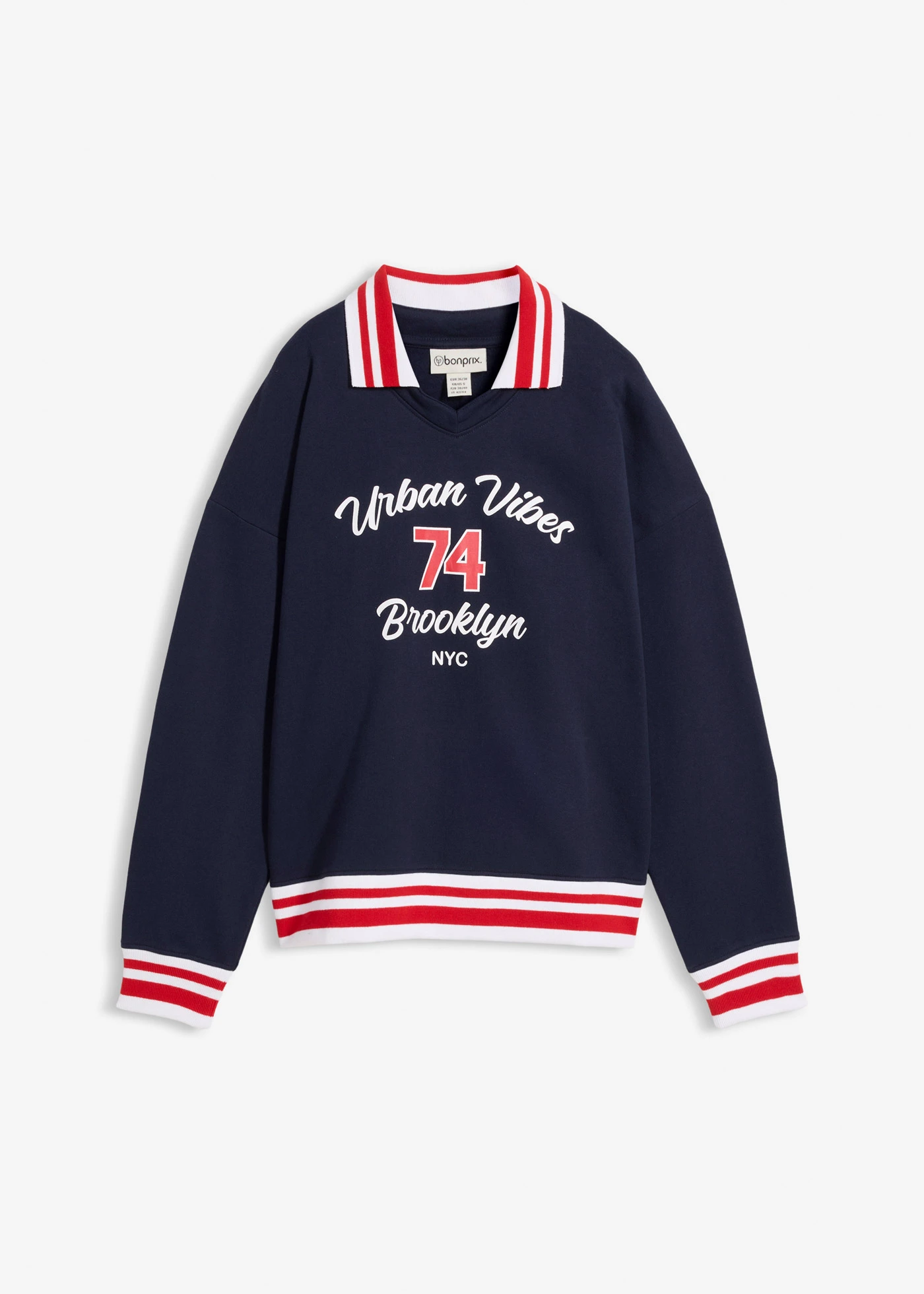 Oversized sweater van puur biologisch katoen • donkerblauw-wit-aardbeirood met print • bonprix online shop