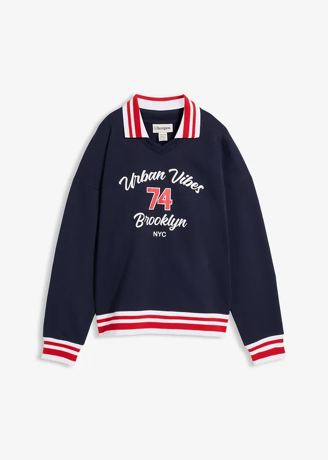 Oversized sweater van puur biologisch katoen, Kleur: donkerblauw-wit-aardbeirood met print