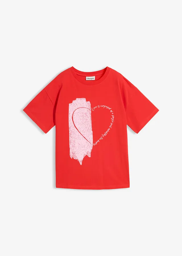 Oversized shirt van een elastische katoenmix, Kleur: aardbeirood-kristalroze met print