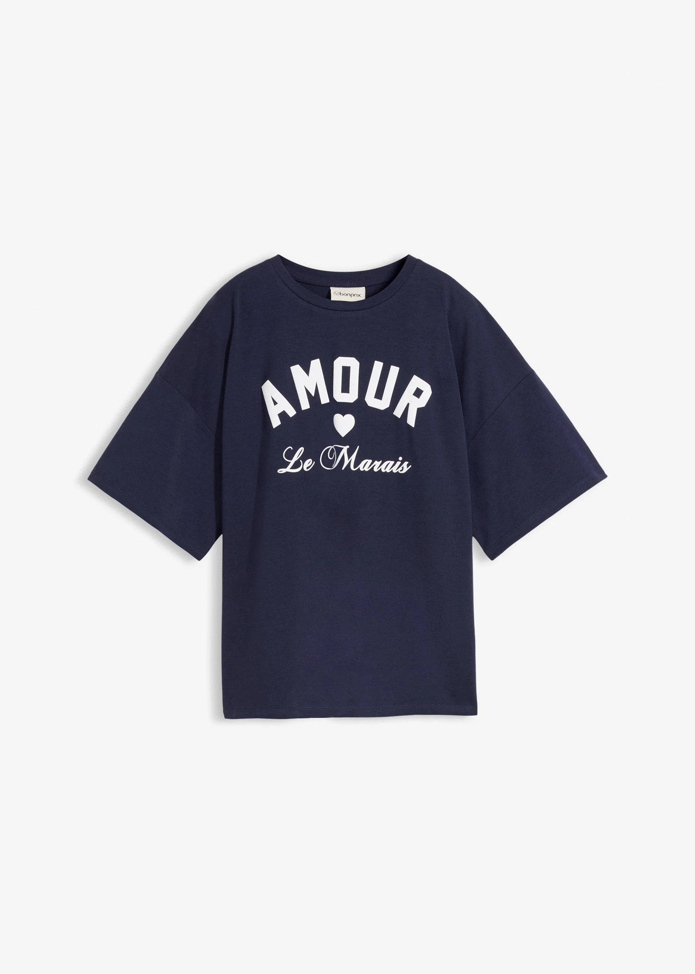 Tricou din amestec elastic de bumbac organic • bleumarin- alb, cu imprimeu • magazin bonprix