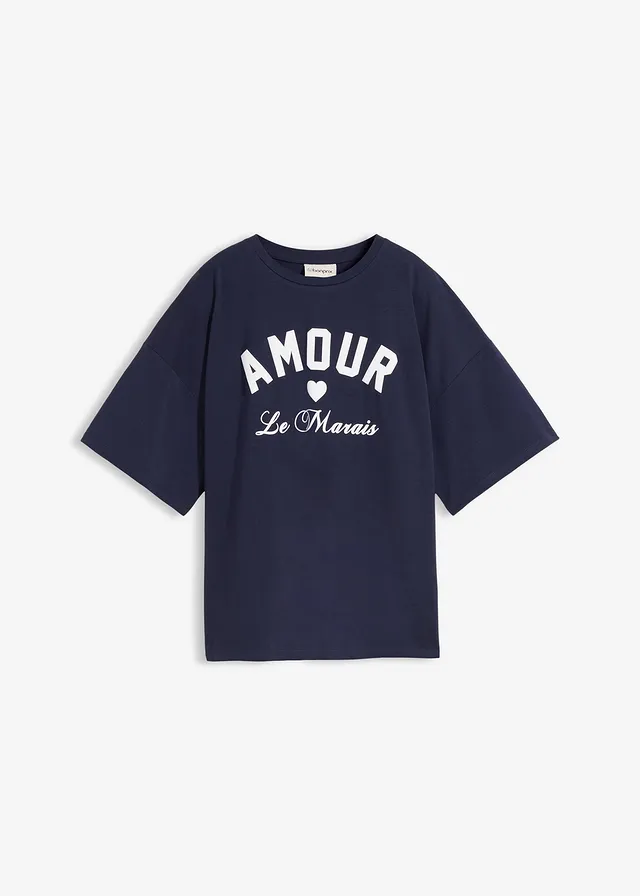 T-shirt en coton extensible • bleu foncé-blanc imprimé • Boutique bonprix