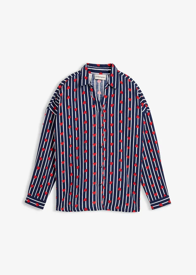 Oversized overhemdblouse van zacht mousseline, Kleur: donkerblauw/wit gestreept