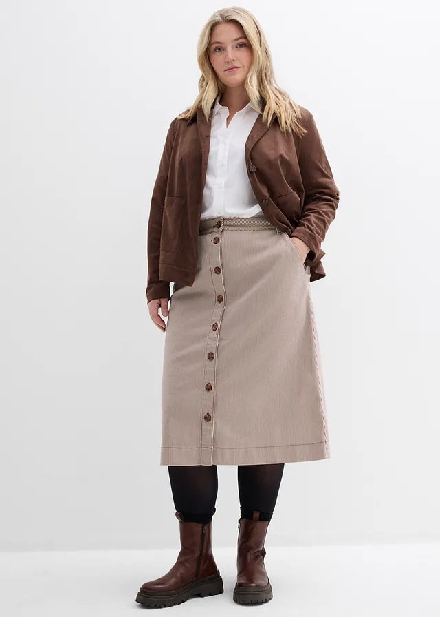 Jupe midi rayée, Couleur: marron-écru rayé